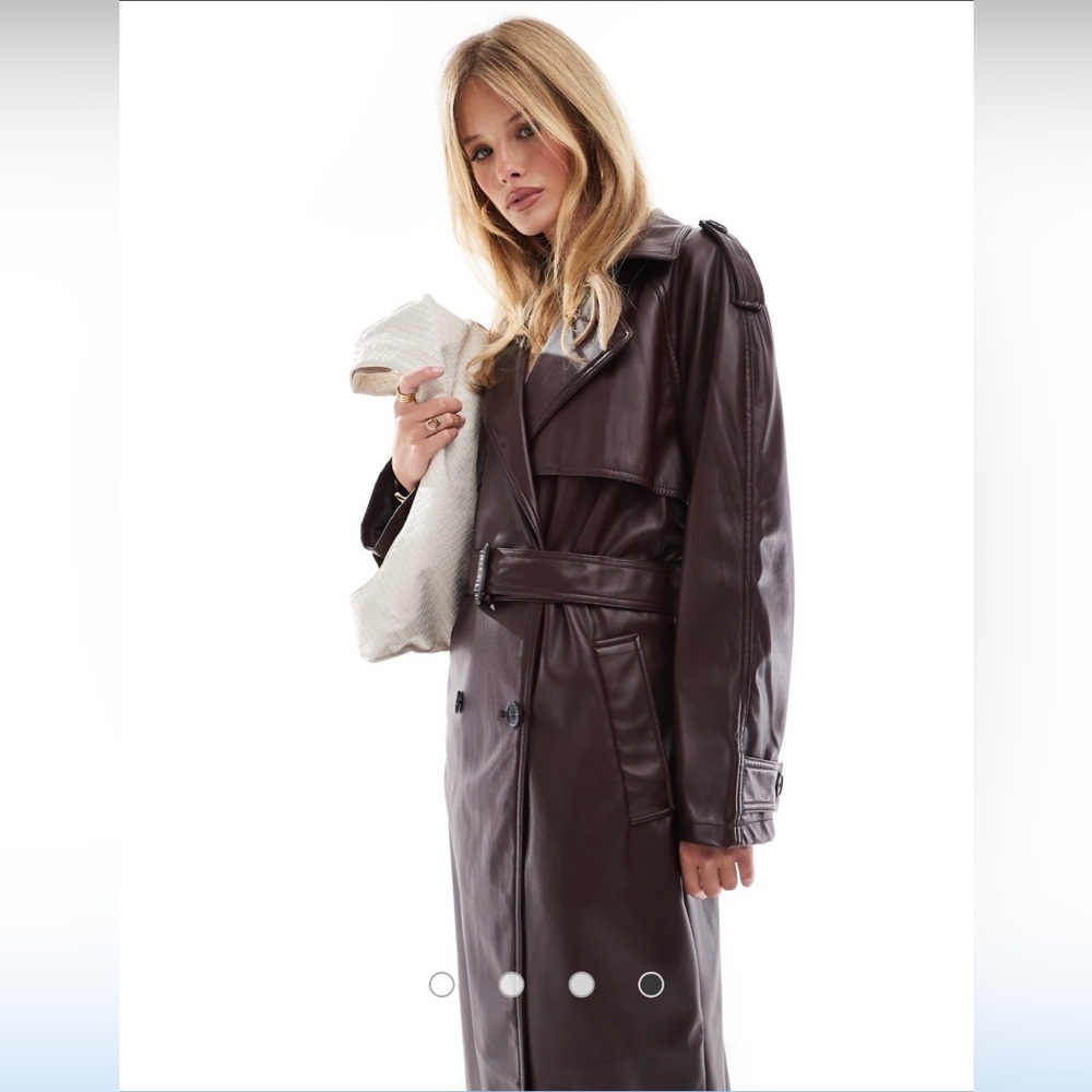 ASOS DESIGN leather look trench coat in burgundy, US 14
